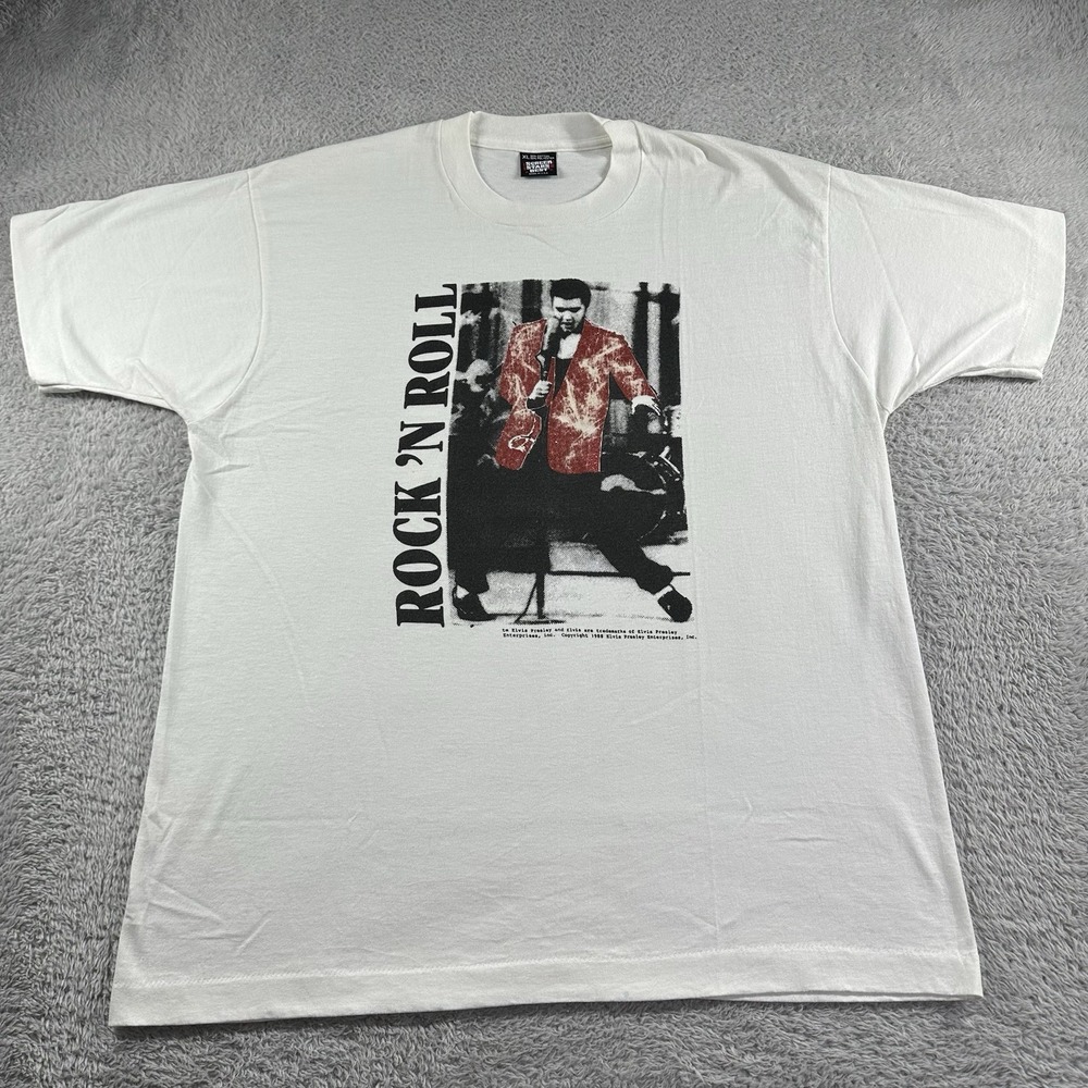 Vintage‎ 80s Elvis Presley Shirt Mens XL White Black Red Glitter Single Stitch